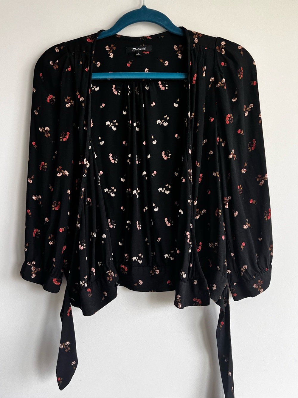 Madewell Black Floral Tie-Front Top with Pink and Red Accents